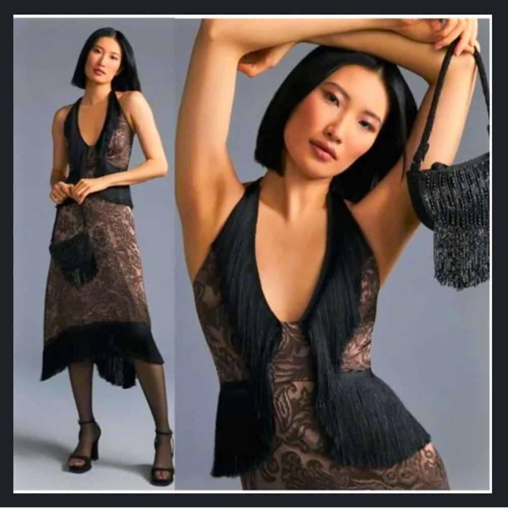 Anthropologie Fringed Velvet Halter Dress SZ 10